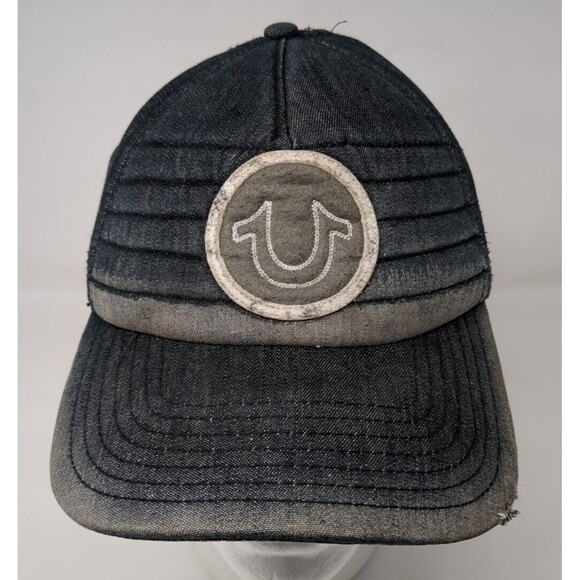 Vintage True Religion Denim Baseball Cap Leather Strap Hat Blue Patch Logo Y2K‎ - Picture 1 of 8